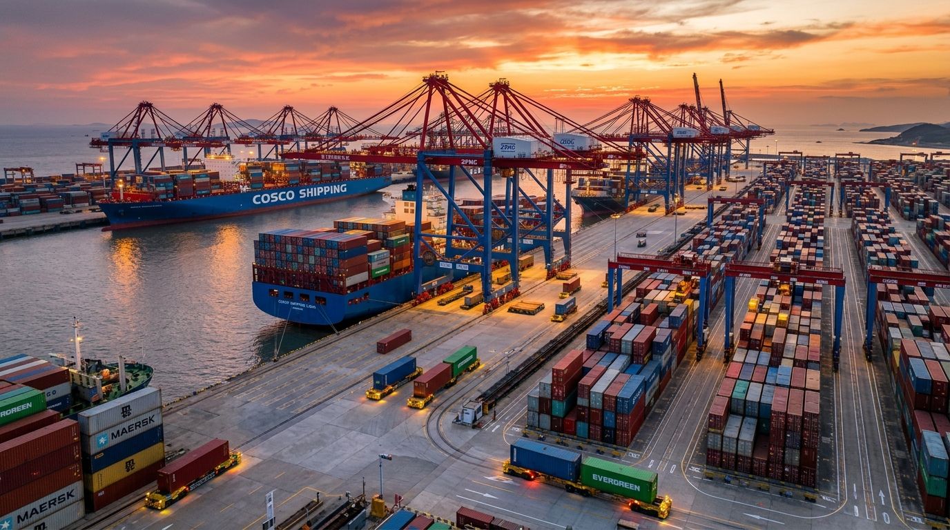 Modern deepwater ocean container port terminal with gantry cranes and vessel berths